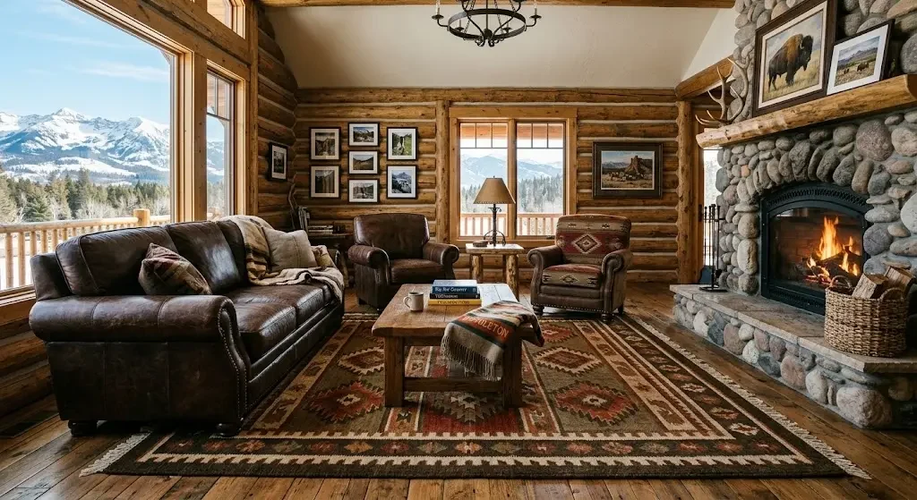 Wool area rug correctly sized in Billings MT living room showing front legs of all furniture on rug