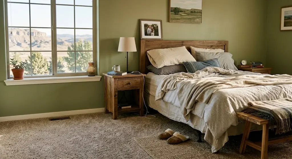 textured cut pile carpet installed in a Billings MT master bedroom showing warm neutral tone in natural light.