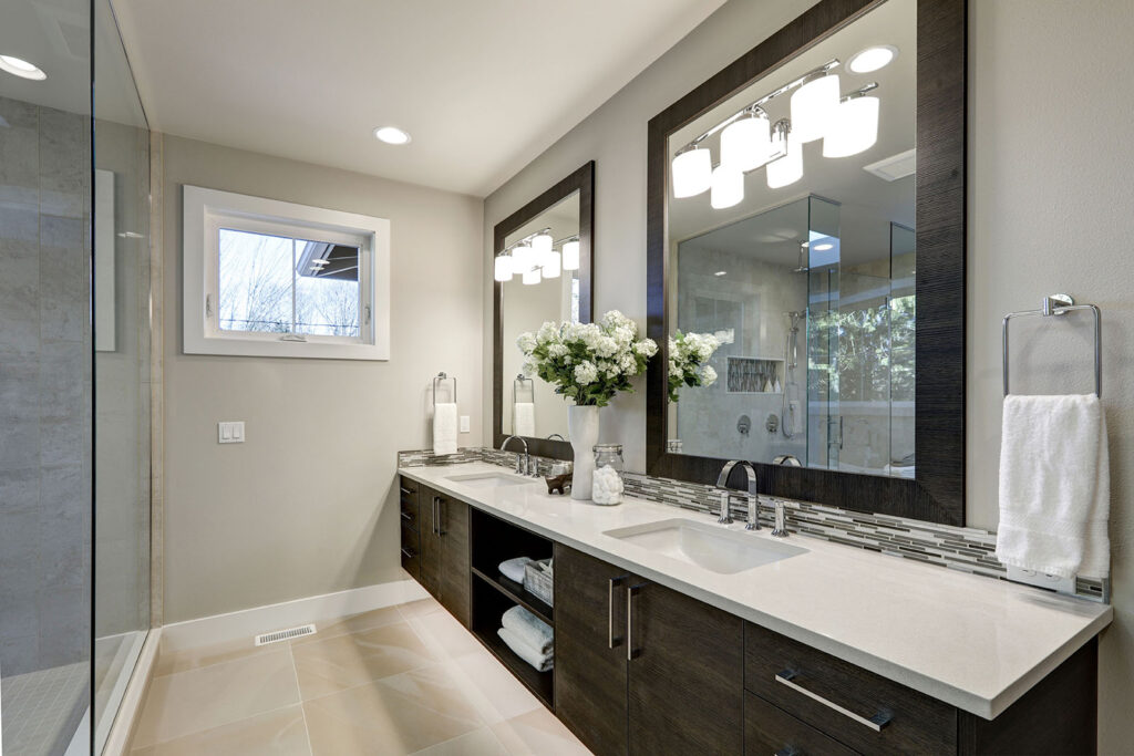 Spacious bathroom in gray tones with long vanity | Carpet Barn