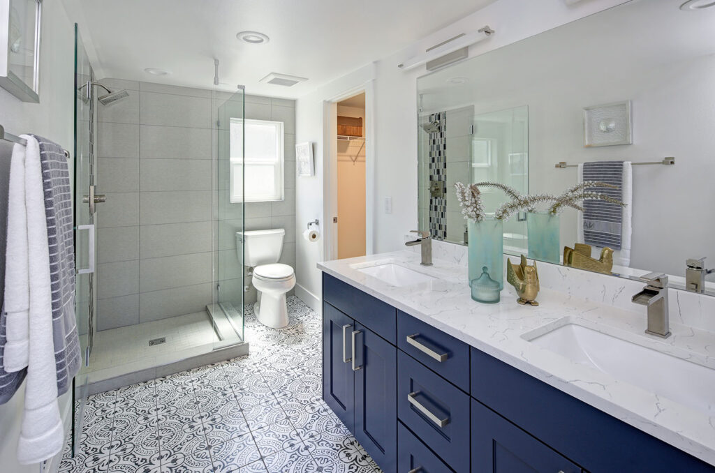 Modern bathroom interior with blue double vanity | Carpet Barn