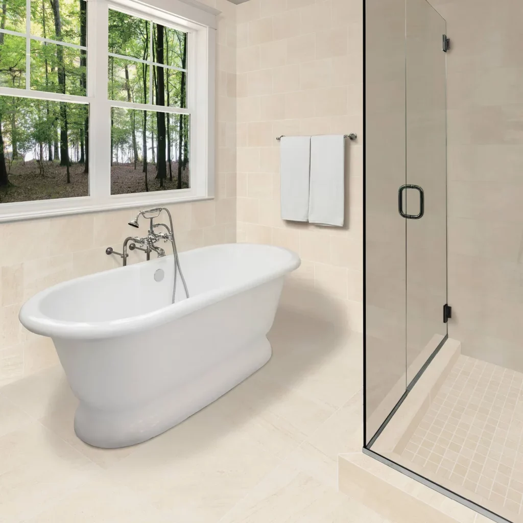 Tile in the bathroom with a shower and tub configuration