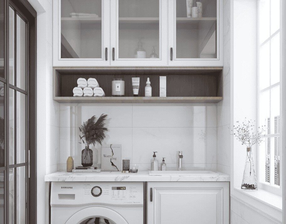 White cabinets in laundry room