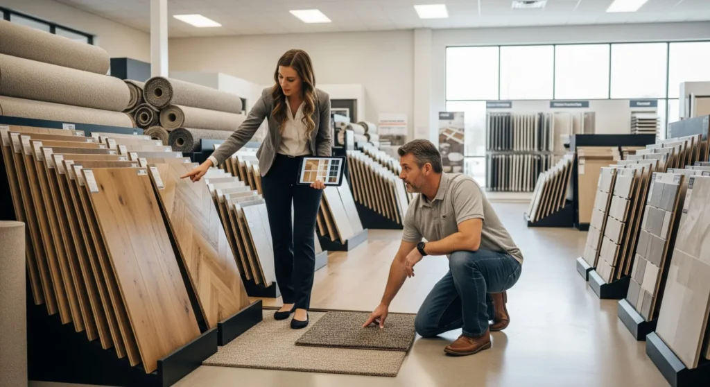 Flooring specialist at World Famous Carpet Barn showroom on Grand Avenue in Billings, MT, helping a customer compare waterproof flooring samples.