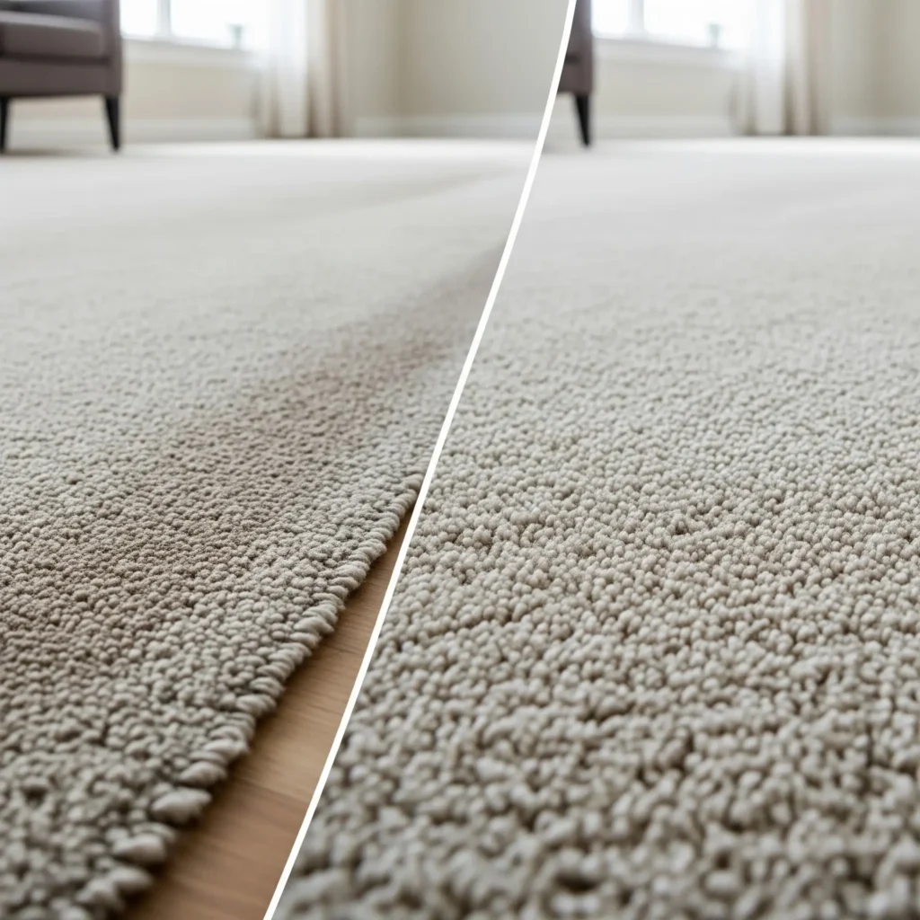 Worn matted carpet traffic lane compared to new carpet installation in a Billings MT home