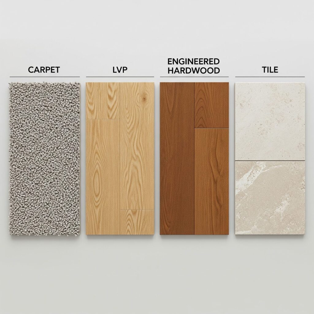 Flooring material samples including carpet LVP engineered hardwood and tile at World Famous Carpet Barn in Billings Montana