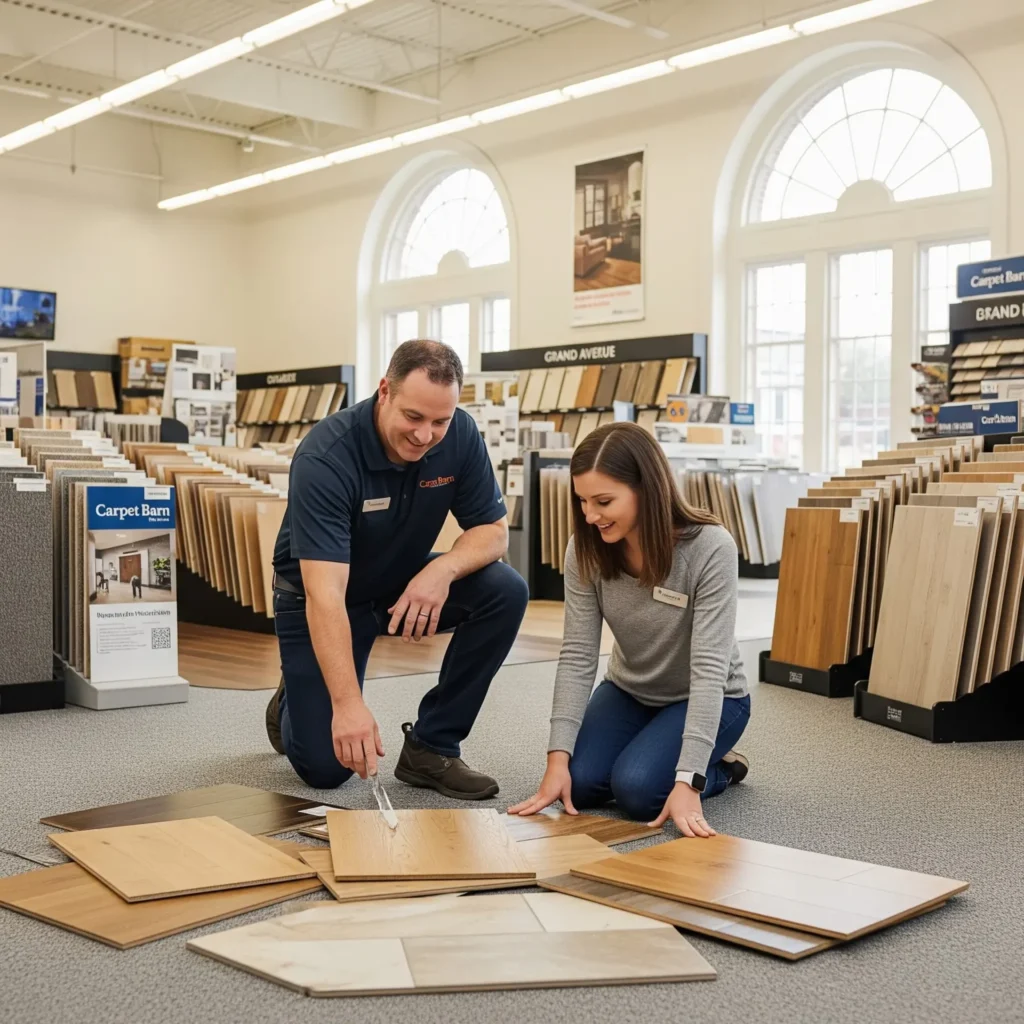 World Famous Carpet Barn flooring specialist helping a customer choose replacement flooring in Billings MT showroom