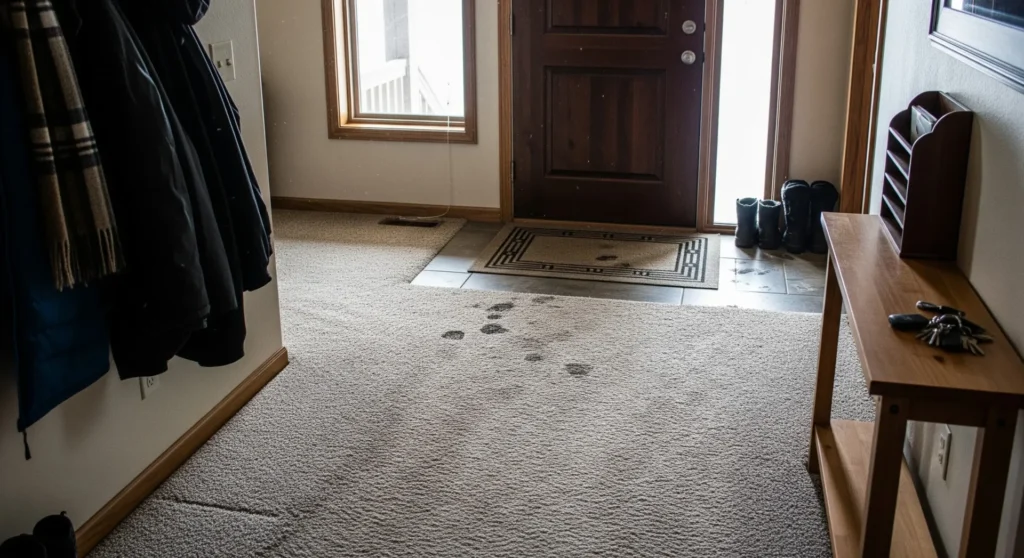 High-traffic carpet in Billings MT entryway with winter boot mat near door