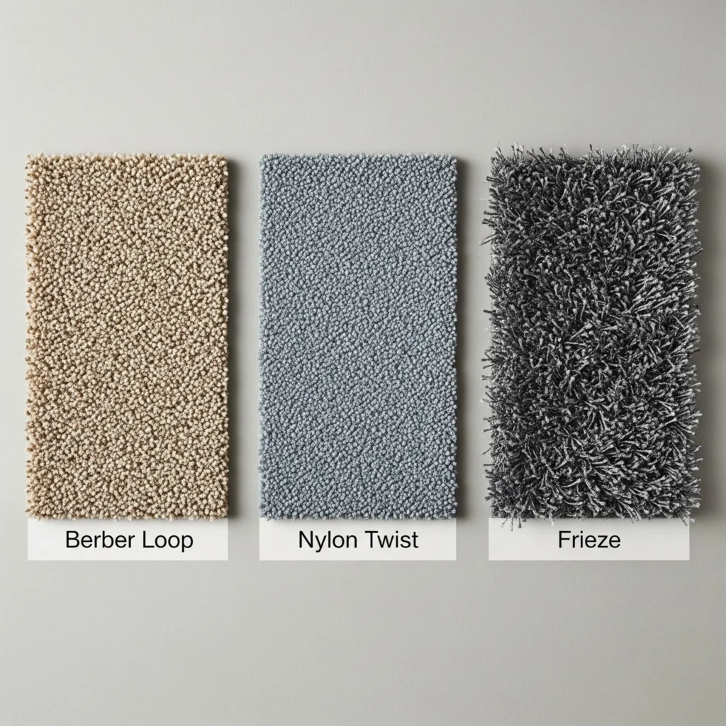 Carpet fiber comparison Billings MT — nylon, Berber, and frieze samples