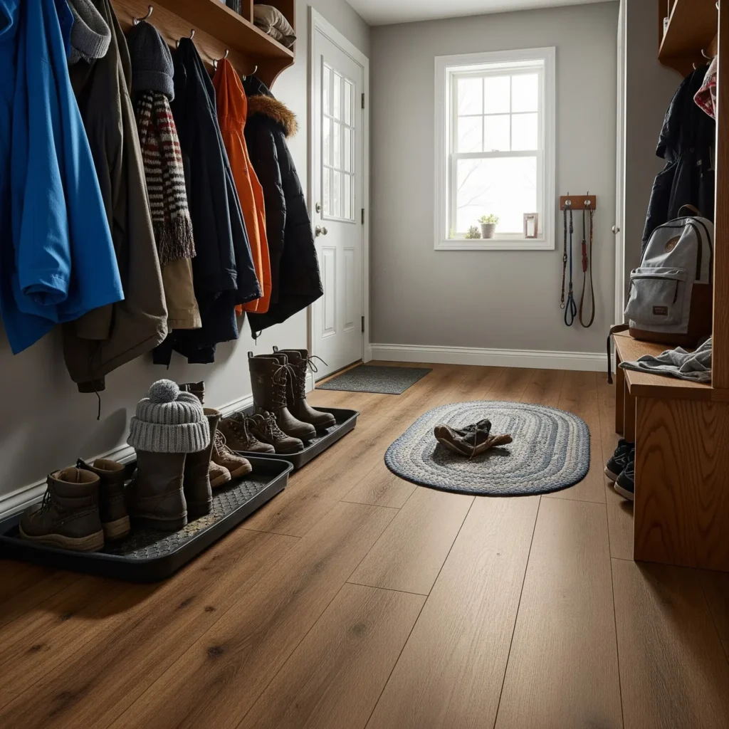 Wide-plank LVP flooring in a Billings mudroom, showing waterproof performance in a working entry zone.