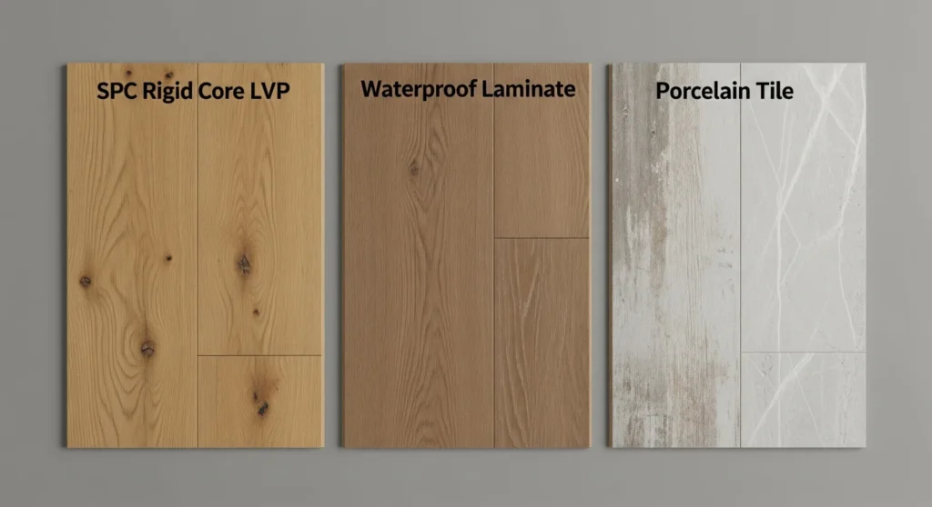 Side-by-side comparison of SPC rigid core LVP, waterproof laminate, and porcelain tile flooring samples.