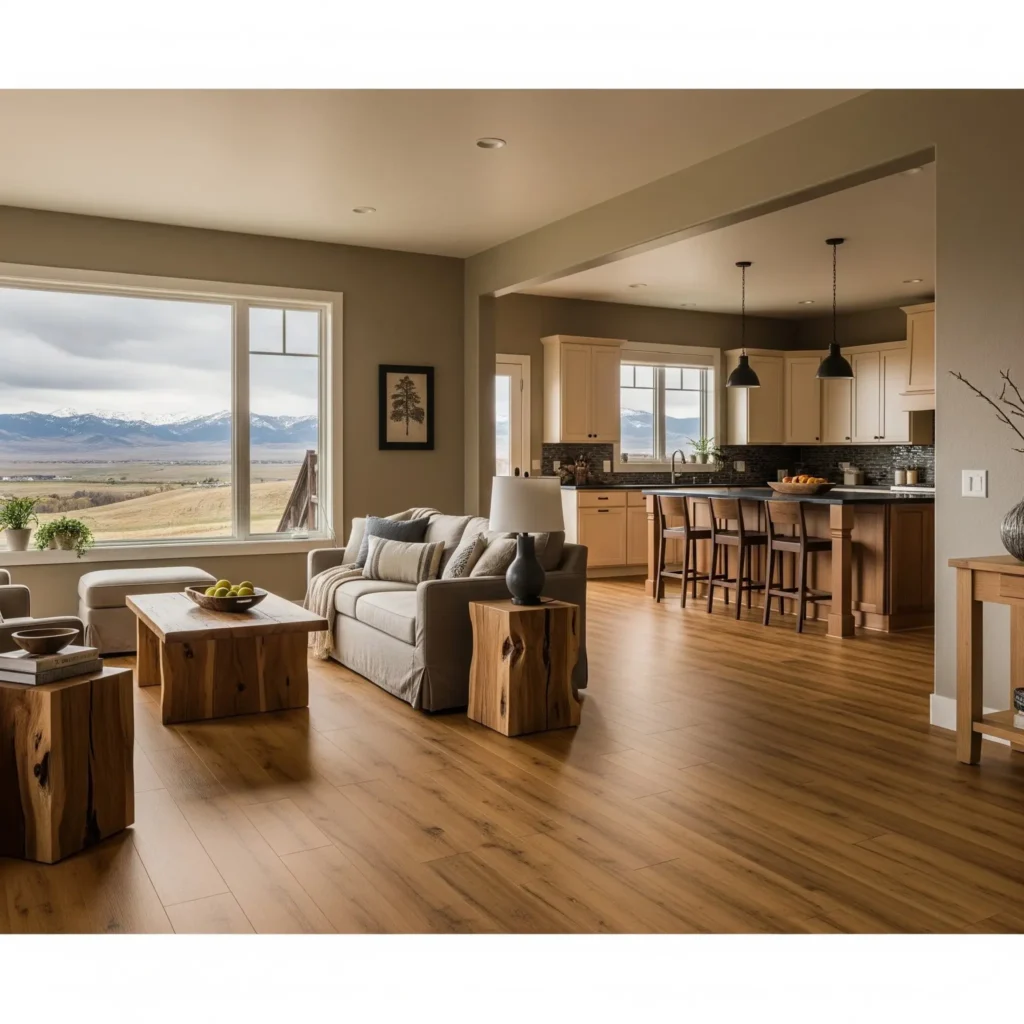 Warm-toned wide-plank LVP flooring in a Billings open floor plan with kitchen and living area visible.