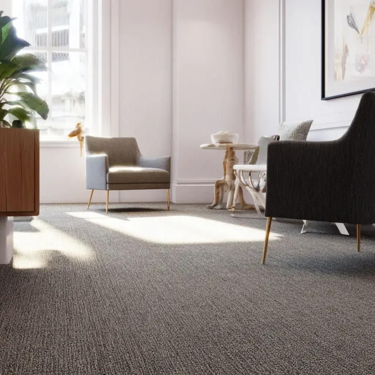 Bright, modern room with grey textured carpet, minimalist furniture, and sunlight from a large window.
