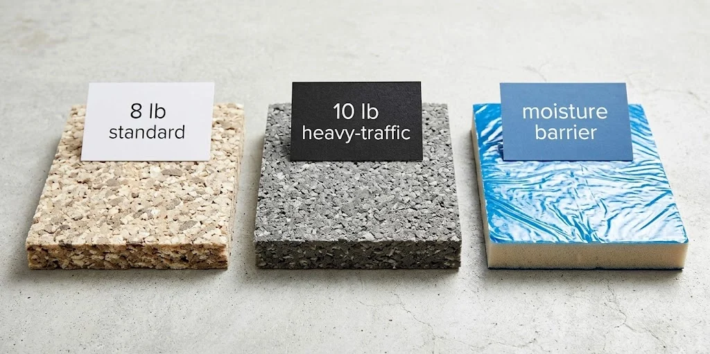 Carpet cushion samples showing density and thickness options — Carpet Barn Billings MT.