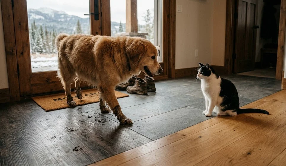 A muddy golden dog stands on a dark tile entryway facing a black-and-white cat sitting beside a hardwood floor inside a cozy mountain home.