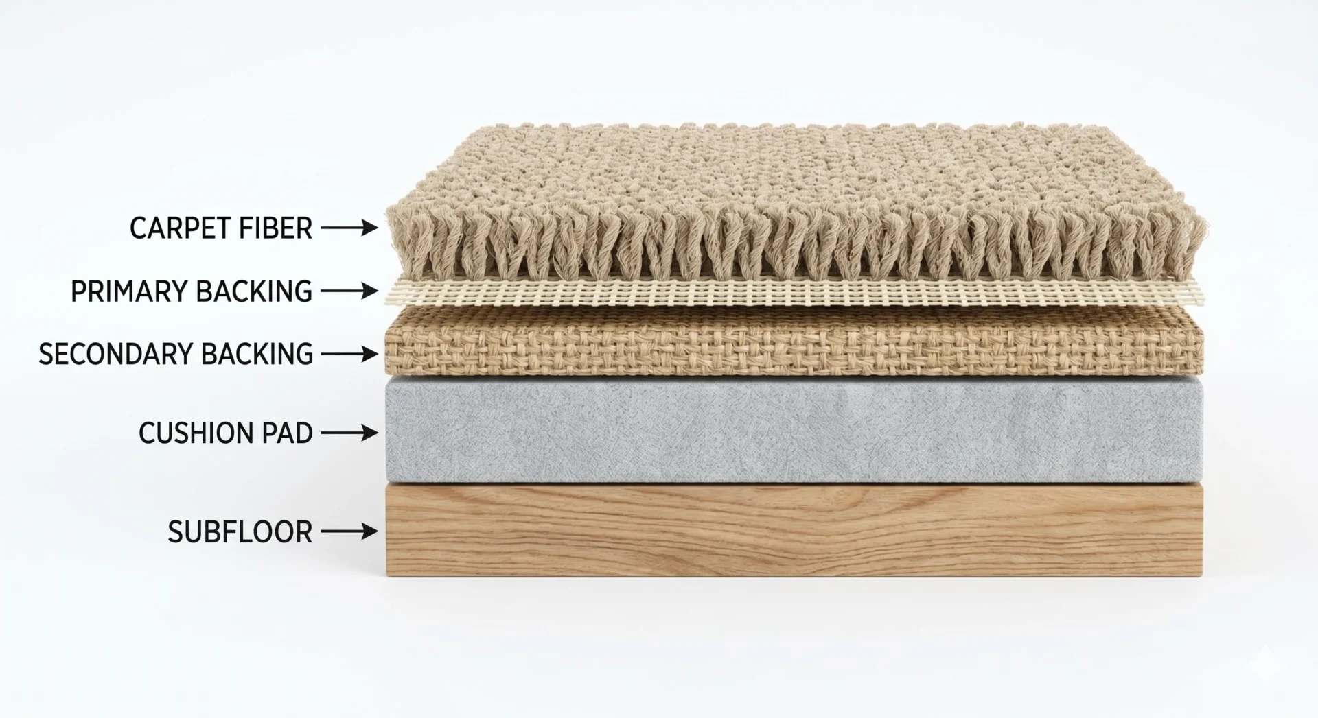 Carpet layer cross-section diagram showing fiber, backing, cushion pad, and subfloor — Carpet Barn Billings MT.