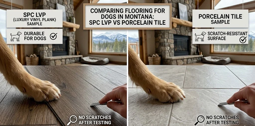 A side-by-side comparison of SPC LVP wood-look flooring and light grey porcelain tile in a mountain-style home in Montana. Both panels show a dog's paw and a durability test to illustrate the high scratch resistance of the surfaces.