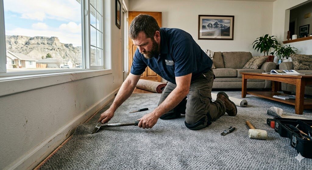 Professional carpet installation in Billings MT living room — Carpet Barn.