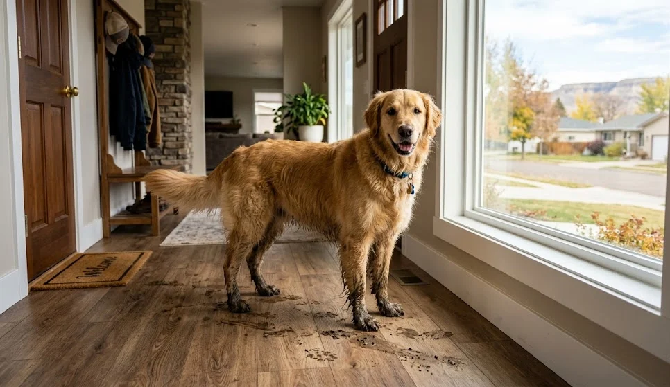 A large, muddy Golden Retriever stands in the bright entryway of a Billings, Montana home, having left a trail of muddy paw prints on the LVP flooring.