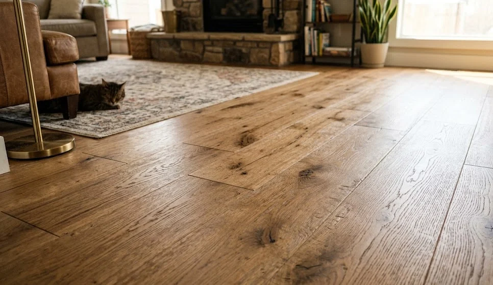 Engineered hardwood flooring in a Billings MT living room showing real wood grain and wide plank installation.