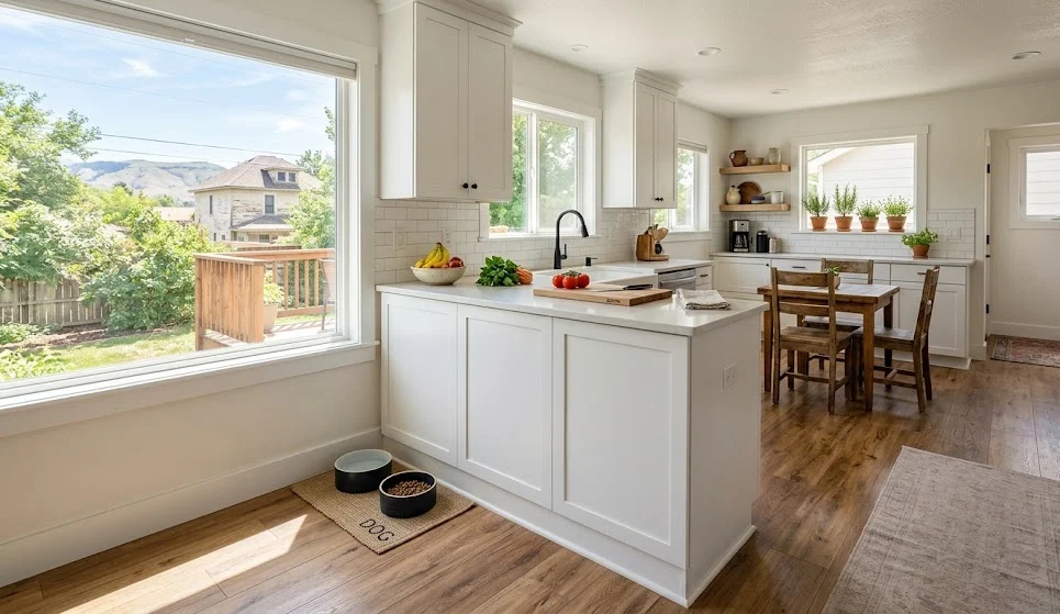 Luxury vinyl plank flooring in Billings MT kitchen showing waterproof surface with pet bowl.