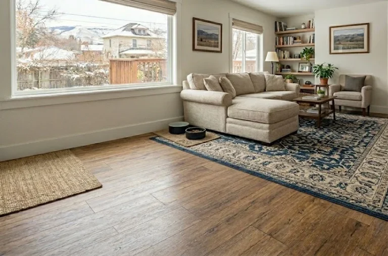 A bright, cozy living room in Billings, MT, featuring rustic wood-look flooring, a beige sectional sofa on a blue patterned area rug, dog bowls, and a snowy winter view through a large window.