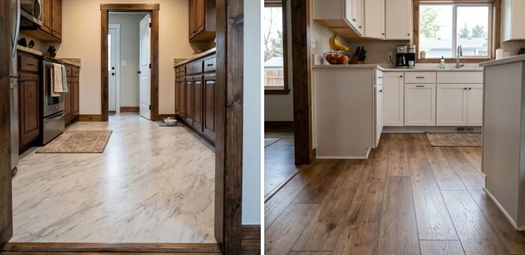 Sheet vinyl vs. luxury vinyl plank kitchen comparison — Carpet Barn Billings MT.