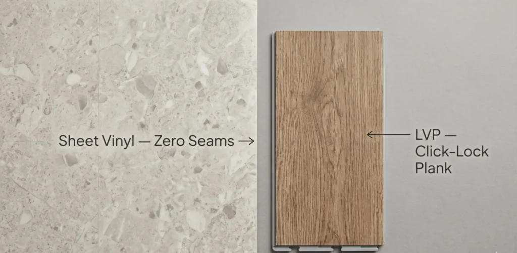 “Sheet vinyl and LVP kitchen flooring samples compared — Carpet Barn Billings MT.