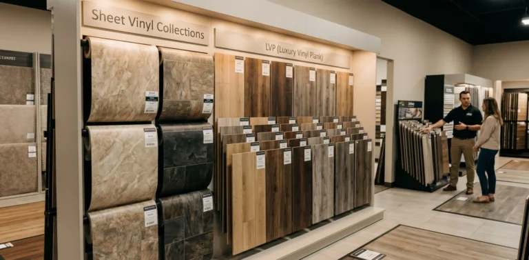 Carpet Barn flooring showroom at 2032 Grand Avenue Billings MT — sheet vinyl and LVP kitchen flooring selection.