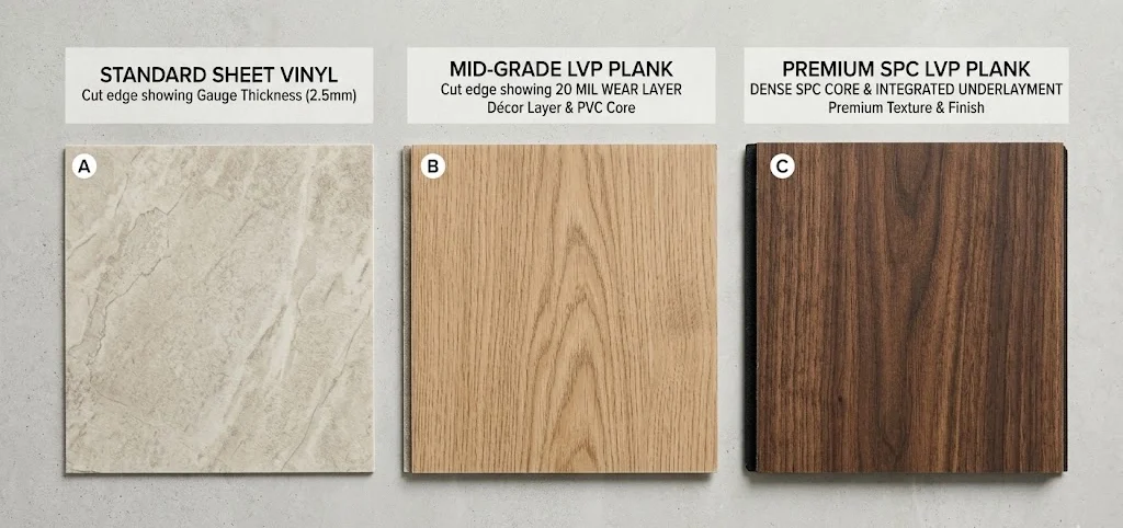 Sheet vinyl and LVP kitchen flooring samples by tier — Carpet Barn Billings MT