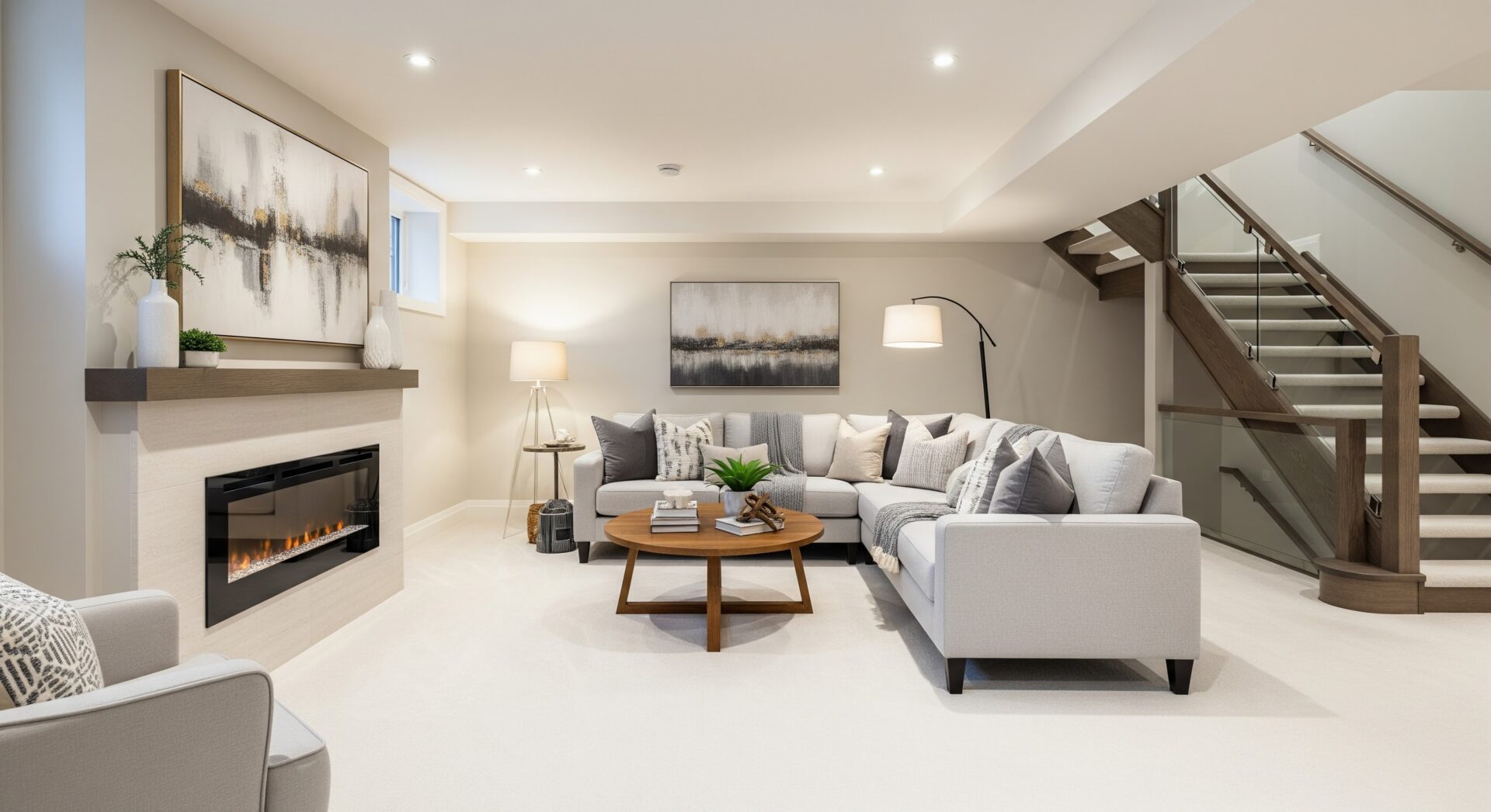 A bright, modern finished basement living room featuring a light gray sectional sofa, a round wooden coffee table, an electric fireplace, and a contemporary wooden staircase with glass railings.