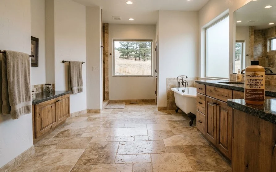 Natural stone travertine tile installed in a Billings MT bathroom showing tonal variation and warm lighting.
