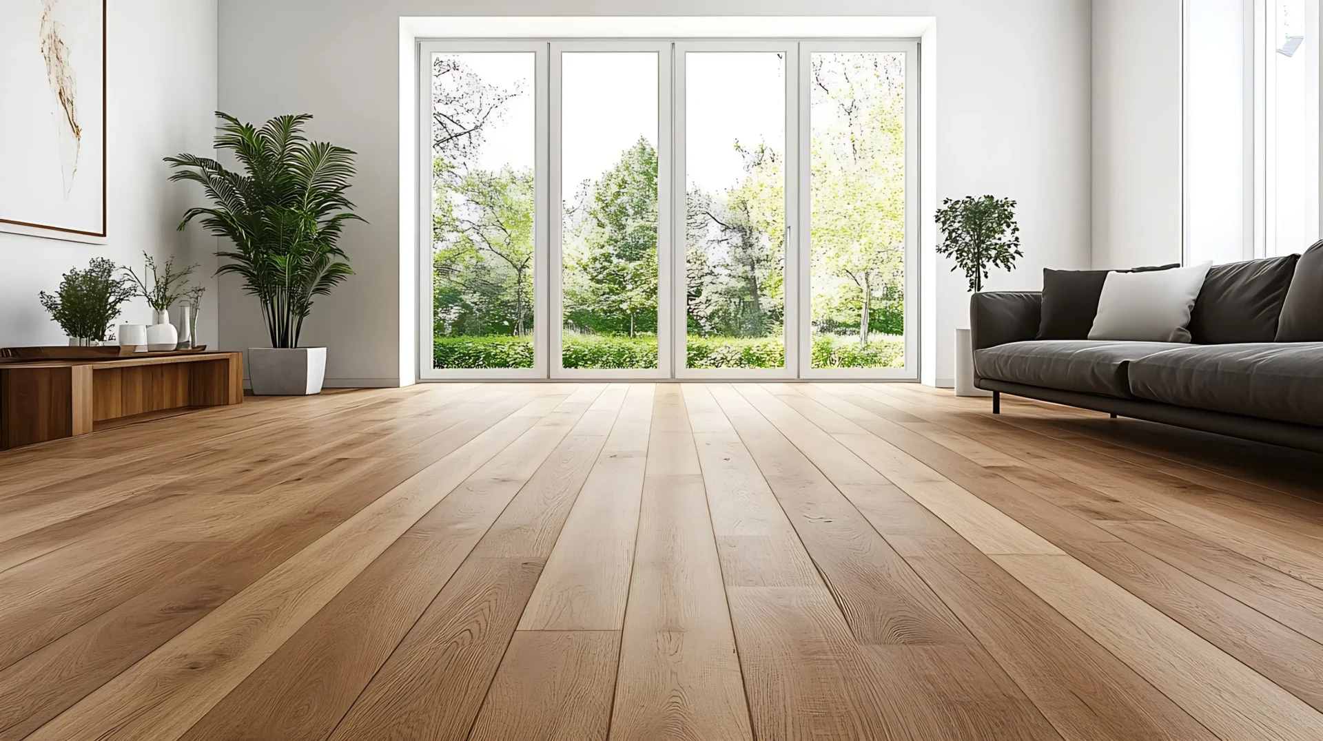 Modern living room with light hardwood floors and large windows.