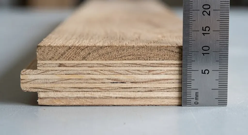 cross-section of engineered hardwood plank showing wear layer thickness and core layers in millimeters.