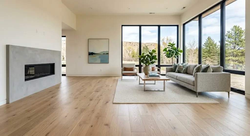 wide-plank engineered hardwood flooring installed in a new build Billings MT home showing satin finish and warm natural tones.