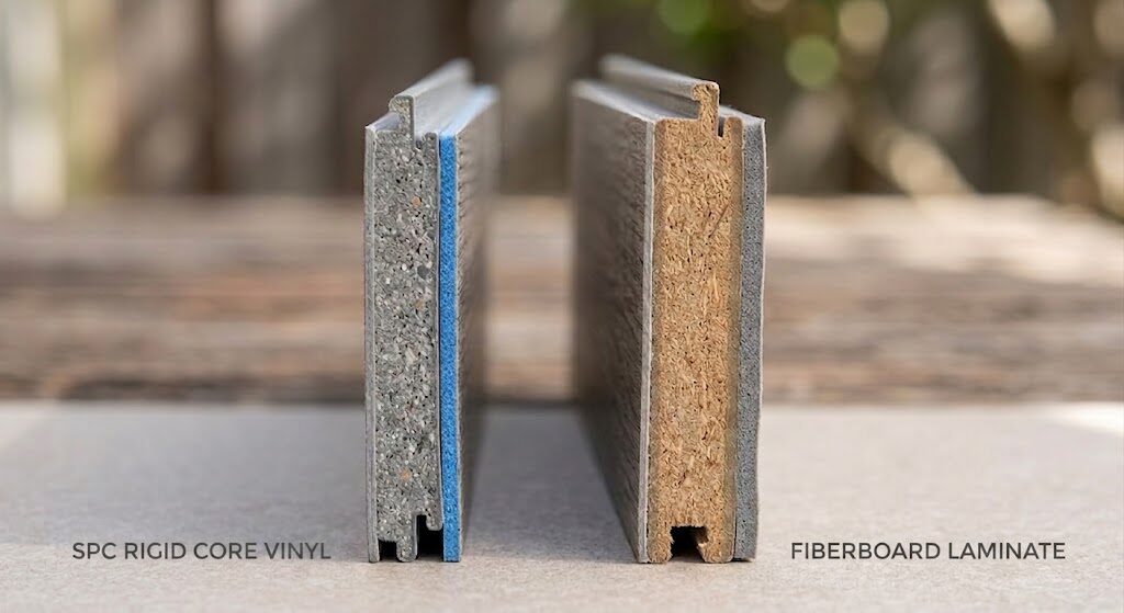 LVP SPC core vs waterproof laminate HDF core cross-section comparison showing waterproofing structural difference