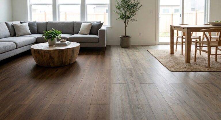 LVP SPC core and waterproof laminate HDF installed side by side