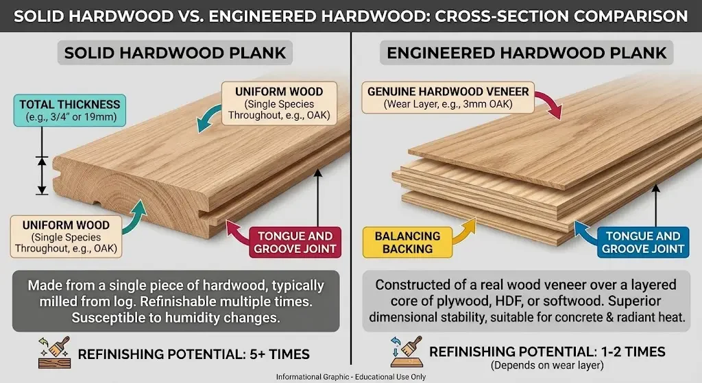 solid hardwood vs engineered hardwood cross-section comparison showing structural difference between the two products.