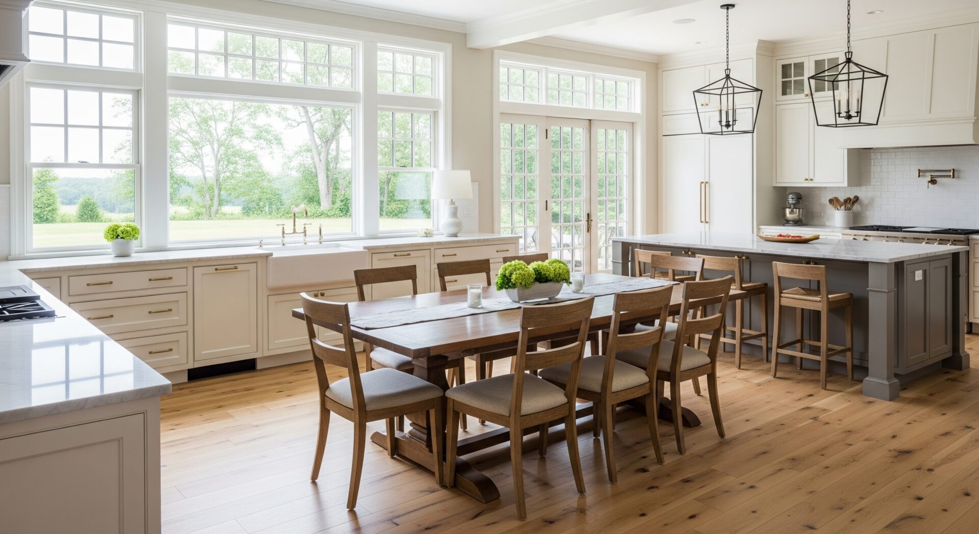 Bright kitchen and dining area with light hardwood floors and large windows.
