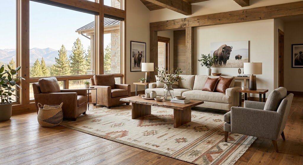 Wool area rug correctly sized in Billings MT modern living room showing front legs of all furniture on rug