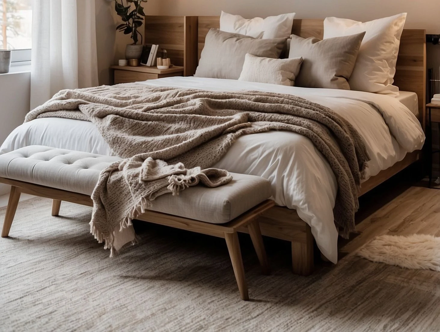 A modern master bedroom with neutral greige carpet, soft morning light through sheer curtains, layered linen bedding, and matching nightstands with personal touches.